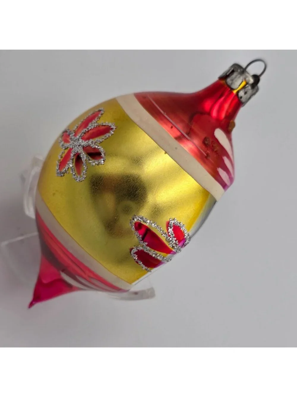 Reflector Glass Ornament Teardrop Indent Red Yellow Flowers Christmas 4